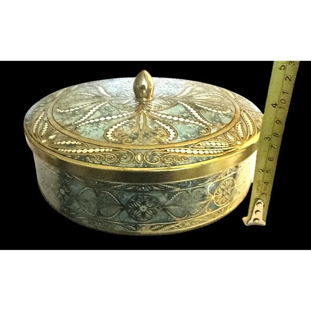 Vintage Daher Round Turquoise Gold White Mosaic Tin Brass Finial Made In England